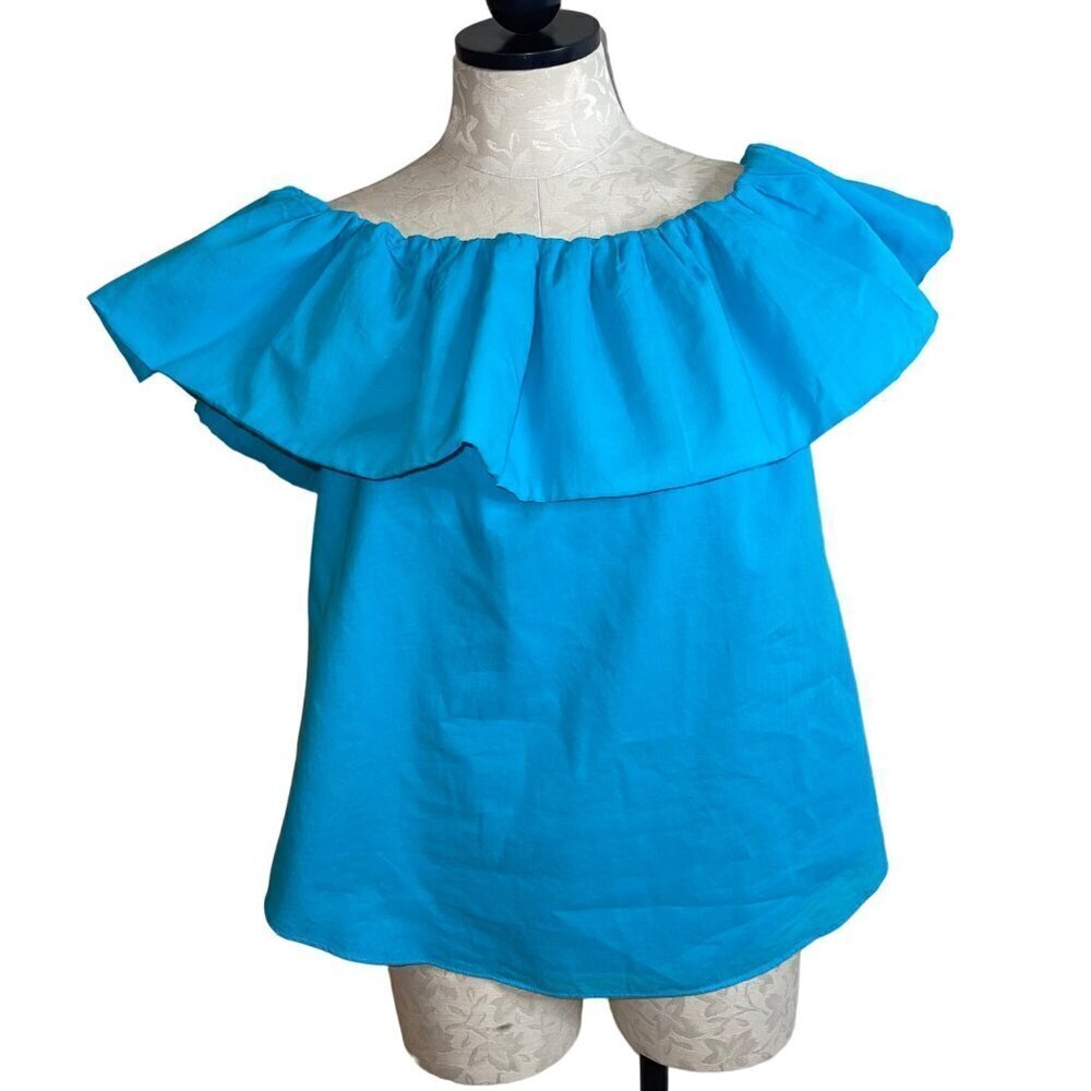 Trina Turk Womens Top Size Large Blue Off The Shoulder Pure Cotton China
